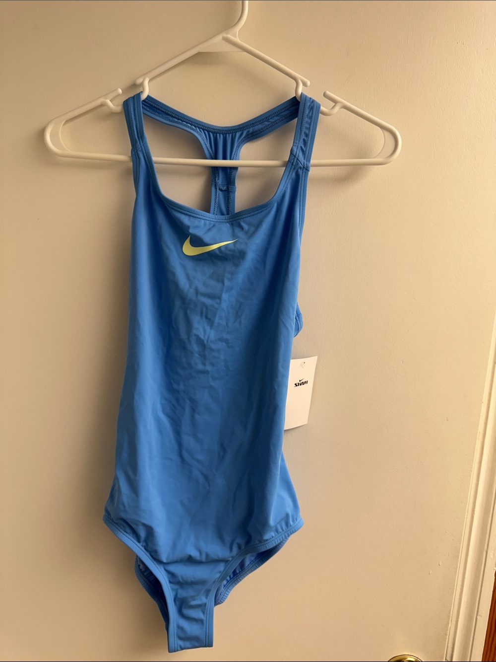 NWT Nike Blue Girls' One-Piece racer back Swimsuit with yellow Swoosh